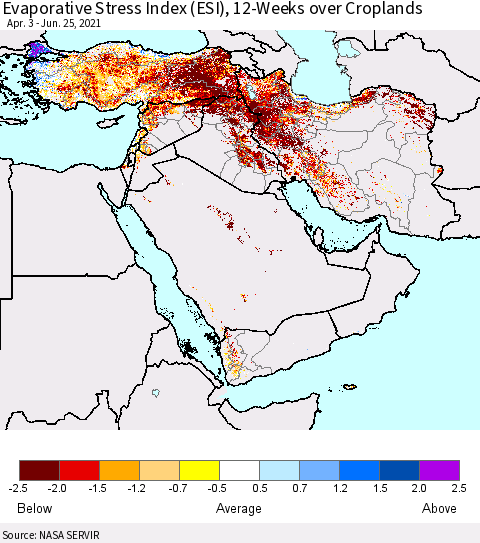 Middle East and Turkey Evaporative Stress Index (ESI), 12-Weeks over Croplands Thematic Map For 6/21/2021 - 6/27/2021