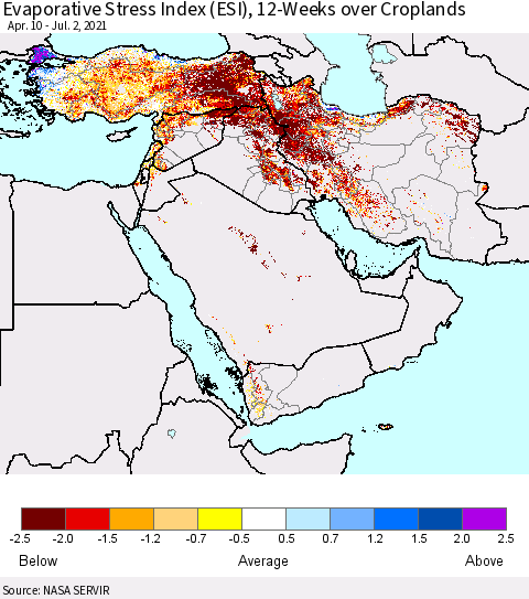 Middle East and Turkey Evaporative Stress Index (ESI), 12-Weeks over Croplands Thematic Map For 6/28/2021 - 7/4/2021