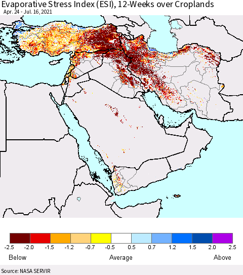 Middle East and Turkey Evaporative Stress Index (ESI), 12-Weeks over Croplands Thematic Map For 7/12/2021 - 7/18/2021