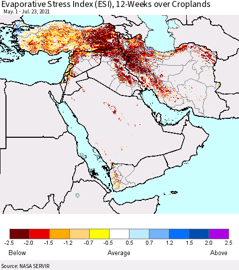 Middle East and Turkey Evaporative Stress Index (ESI), 12-Weeks over Croplands Thematic Map For 7/19/2021 - 7/25/2021