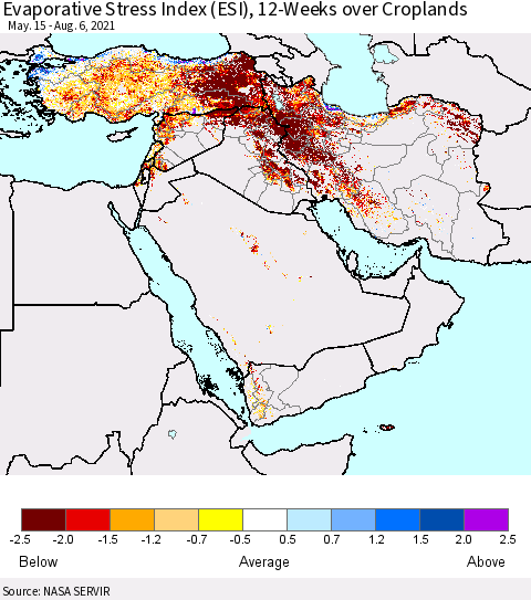 Middle East and Turkey Evaporative Stress Index (ESI), 12-Weeks over Croplands Thematic Map For 8/2/2021 - 8/8/2021