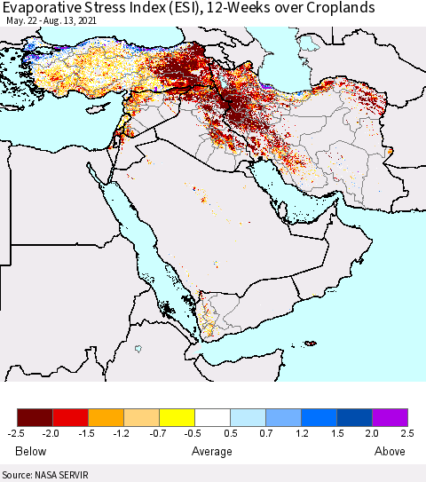 Middle East and Turkey Evaporative Stress Index (ESI), 12-Weeks over Croplands Thematic Map For 8/9/2021 - 8/15/2021