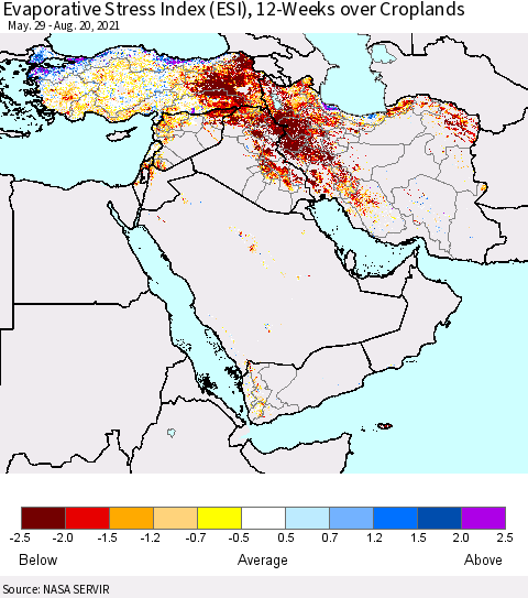 Middle East and Turkey Evaporative Stress Index (ESI), 12-Weeks over Croplands Thematic Map For 8/16/2021 - 8/22/2021