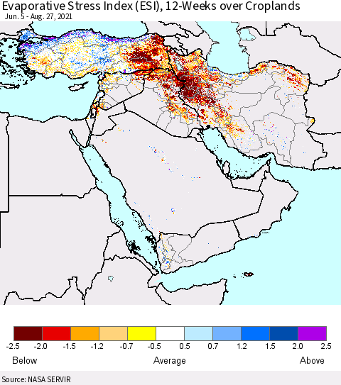 Middle East and Turkey Evaporative Stress Index (ESI), 12-Weeks over Croplands Thematic Map For 8/23/2021 - 8/29/2021
