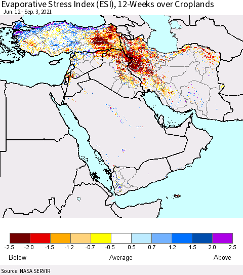 Middle East and Turkey Evaporative Stress Index (ESI), 12-Weeks over Croplands Thematic Map For 8/30/2021 - 9/5/2021
