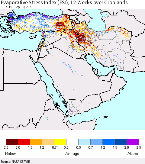 Middle East and Turkey Evaporative Stress Index (ESI), 12-Weeks over Croplands Thematic Map For 9/6/2021 - 9/12/2021