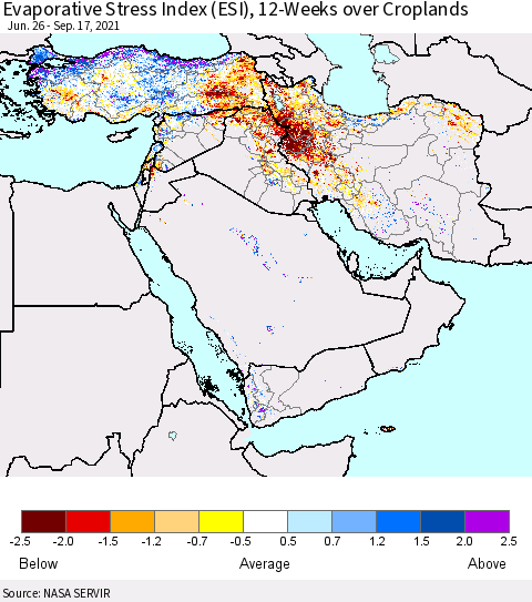 Middle East and Turkey Evaporative Stress Index (ESI), 12-Weeks over Croplands Thematic Map For 9/13/2021 - 9/19/2021