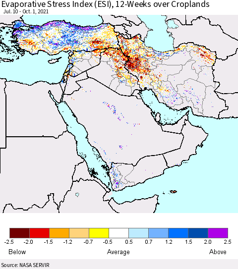 Middle East and Turkey Evaporative Stress Index (ESI), 12-Weeks over Croplands Thematic Map For 9/27/2021 - 10/3/2021