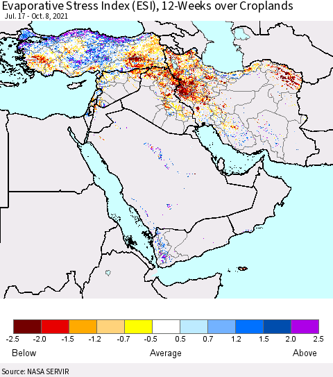Middle East and Turkey Evaporative Stress Index (ESI), 12-Weeks over Croplands Thematic Map For 10/4/2021 - 10/10/2021