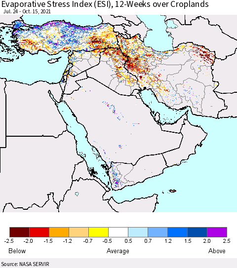Middle East and Turkey Evaporative Stress Index (ESI), 12-Weeks over Croplands Thematic Map For 10/11/2021 - 10/17/2021