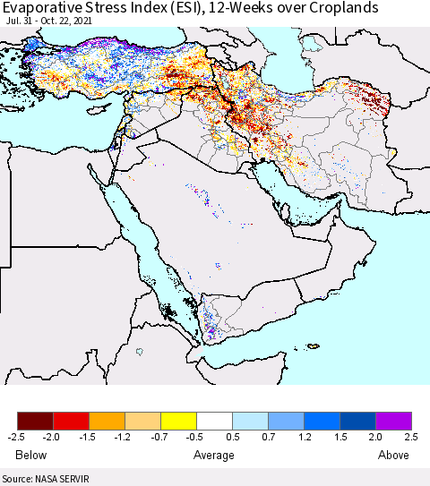 Middle East and Turkey Evaporative Stress Index (ESI), 12-Weeks over Croplands Thematic Map For 10/18/2021 - 10/24/2021
