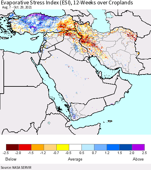 Middle East and Turkey Evaporative Stress Index (ESI), 12-Weeks over Croplands Thematic Map For 10/25/2021 - 10/31/2021