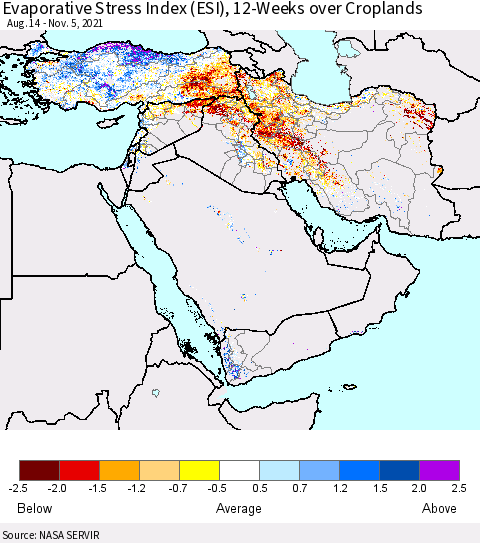 Middle East and Turkey Evaporative Stress Index (ESI), 12-Weeks over Croplands Thematic Map For 11/1/2021 - 11/7/2021