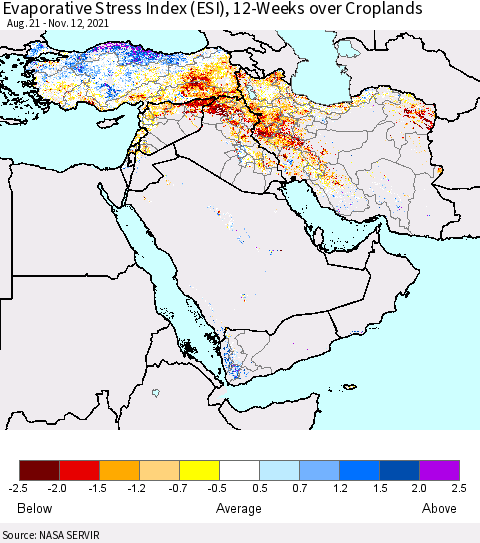 Middle East and Turkey Evaporative Stress Index (ESI), 12-Weeks over Croplands Thematic Map For 11/8/2021 - 11/14/2021