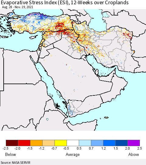 Middle East and Turkey Evaporative Stress Index (ESI), 12-Weeks over Croplands Thematic Map For 11/15/2021 - 11/21/2021