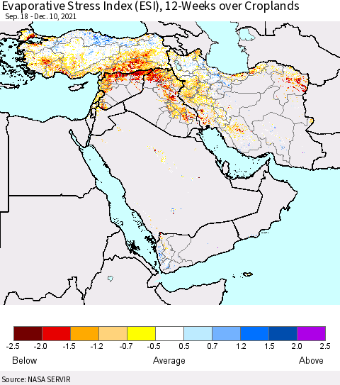 Middle East and Turkey Evaporative Stress Index (ESI), 12-Weeks over Croplands Thematic Map For 12/6/2021 - 12/12/2021