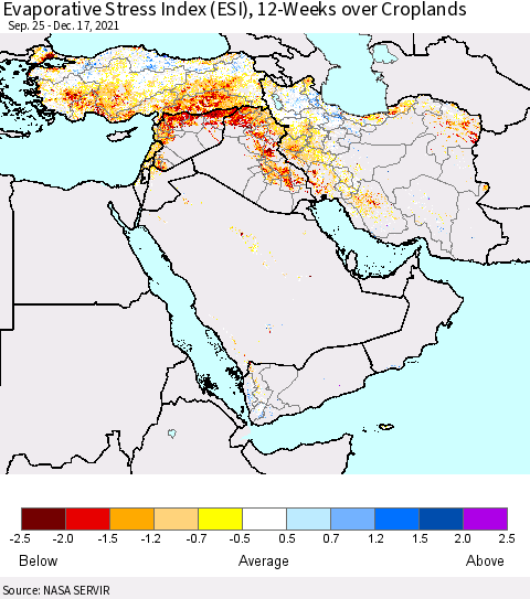 Middle East and Turkey Evaporative Stress Index (ESI), 12-Weeks over Croplands Thematic Map For 12/13/2021 - 12/19/2021