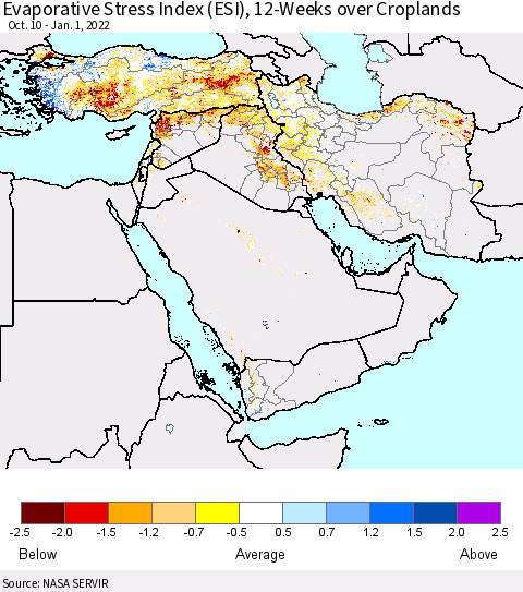 Middle East and Turkey Evaporative Stress Index (ESI), 12-Weeks over Croplands Thematic Map For 12/27/2021 - 1/2/2022