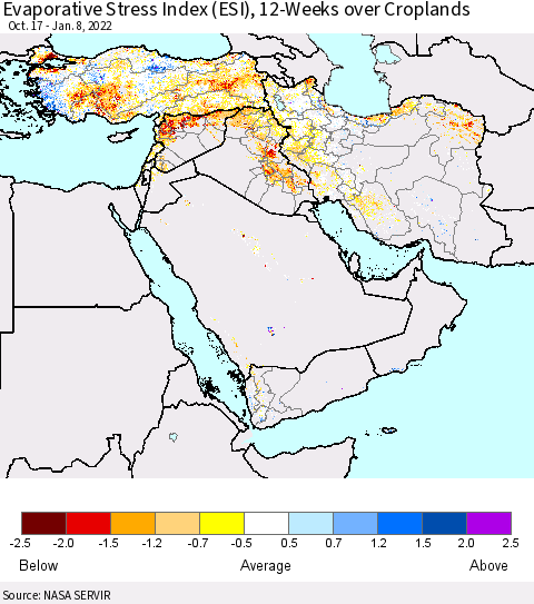 Middle East and Turkey Evaporative Stress Index (ESI), 12-Weeks over Croplands Thematic Map For 1/3/2022 - 1/9/2022