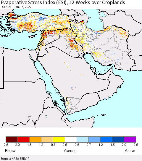 Middle East and Turkey Evaporative Stress Index (ESI), 12-Weeks over Croplands Thematic Map For 1/10/2022 - 1/16/2022