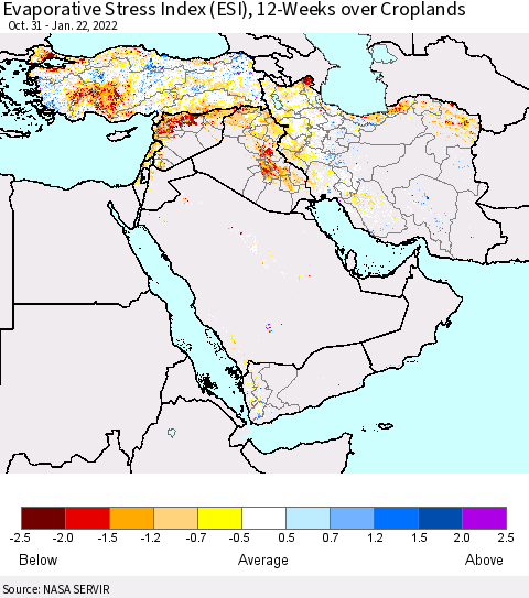 Middle East and Turkey Evaporative Stress Index (ESI), 12-Weeks over Croplands Thematic Map For 1/17/2022 - 1/23/2022