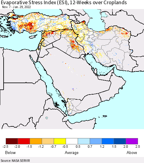 Middle East and Turkey Evaporative Stress Index (ESI), 12-Weeks over Croplands Thematic Map For 1/24/2022 - 1/30/2022