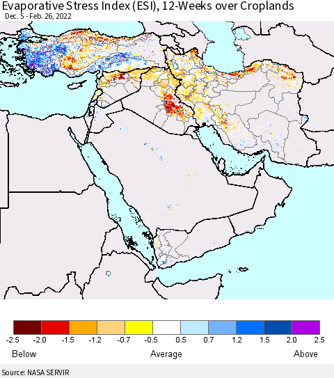 Middle East and Turkey Evaporative Stress Index (ESI), 12-Weeks over Croplands Thematic Map For 2/21/2022 - 2/27/2022