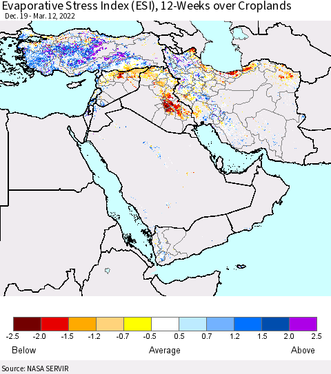 Middle East and Turkey Evaporative Stress Index (ESI), 12-Weeks over Croplands Thematic Map For 3/7/2022 - 3/13/2022