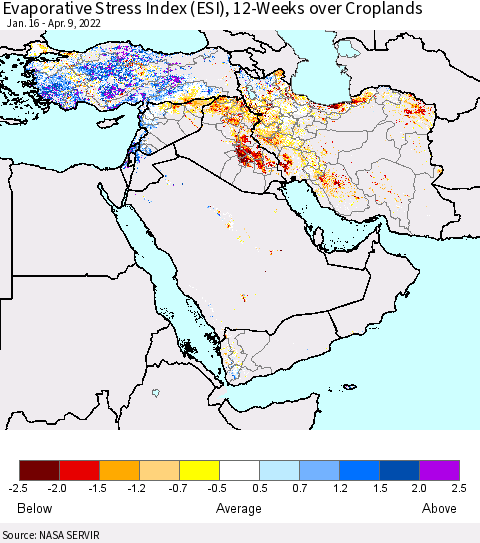 Middle East and Turkey Evaporative Stress Index (ESI), 12-Weeks over Croplands Thematic Map For 4/4/2022 - 4/10/2022