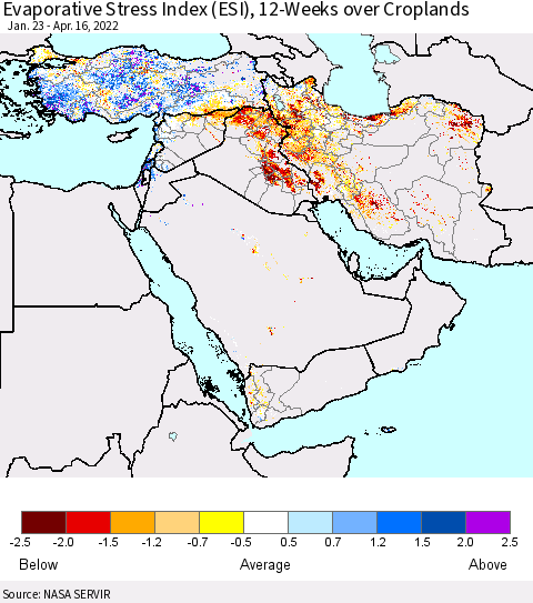 Middle East and Turkey Evaporative Stress Index (ESI), 12-Weeks over Croplands Thematic Map For 4/11/2022 - 4/17/2022