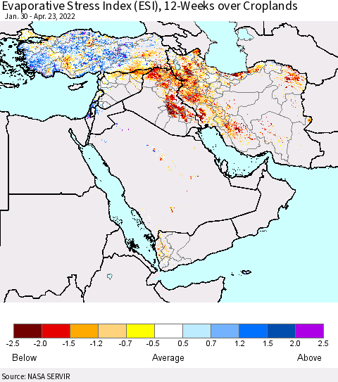 Middle East and Turkey Evaporative Stress Index (ESI), 12-Weeks over Croplands Thematic Map For 4/18/2022 - 4/24/2022
