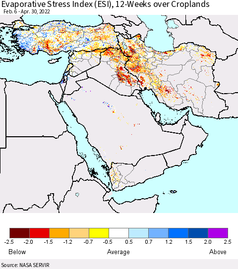 Middle East and Turkey Evaporative Stress Index (ESI), 12-Weeks over Croplands Thematic Map For 4/25/2022 - 5/1/2022