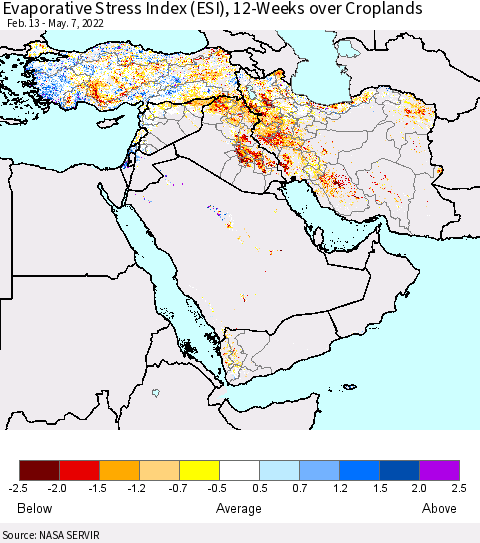 Middle East and Turkey Evaporative Stress Index (ESI), 12-Weeks over Croplands Thematic Map For 5/2/2022 - 5/8/2022