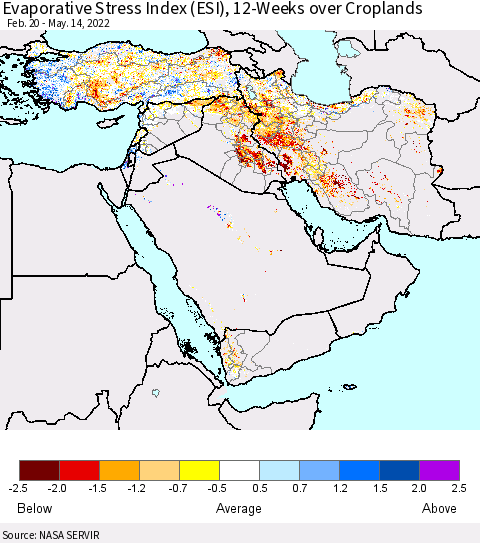 Middle East and Turkey Evaporative Stress Index (ESI), 12-Weeks over Croplands Thematic Map For 5/9/2022 - 5/15/2022