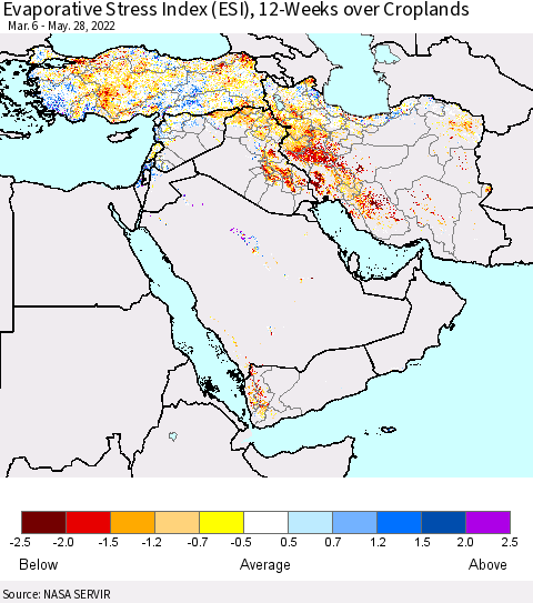 Middle East and Turkey Evaporative Stress Index (ESI), 12-Weeks over Croplands Thematic Map For 5/23/2022 - 5/29/2022