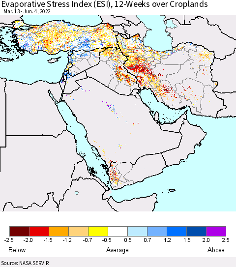 Middle East and Turkey Evaporative Stress Index (ESI), 12-Weeks over Croplands Thematic Map For 5/30/2022 - 6/5/2022