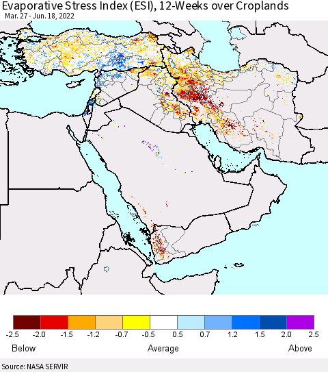 Middle East and Turkey Evaporative Stress Index (ESI), 12-Weeks over Croplands Thematic Map For 6/13/2022 - 6/19/2022