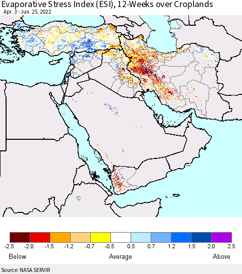 Middle East and Turkey Evaporative Stress Index (ESI), 12-Weeks over Croplands Thematic Map For 6/20/2022 - 6/26/2022
