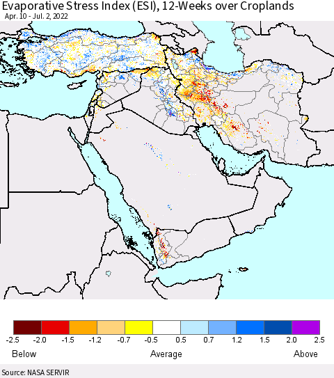 Middle East and Turkey Evaporative Stress Index (ESI), 12-Weeks over Croplands Thematic Map For 6/27/2022 - 7/3/2022