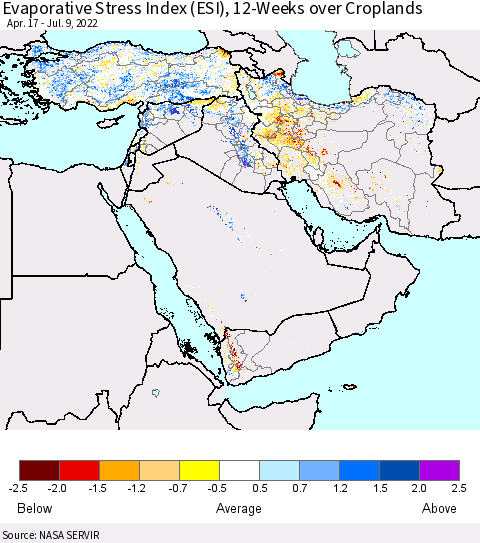Middle East and Turkey Evaporative Stress Index (ESI), 12-Weeks over Croplands Thematic Map For 7/4/2022 - 7/10/2022