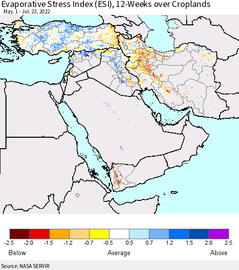 Middle East and Turkey Evaporative Stress Index (ESI), 12-Weeks over Croplands Thematic Map For 7/18/2022 - 7/24/2022