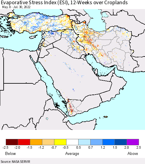 Middle East and Turkey Evaporative Stress Index (ESI), 12-Weeks over Croplands Thematic Map For 7/25/2022 - 7/31/2022