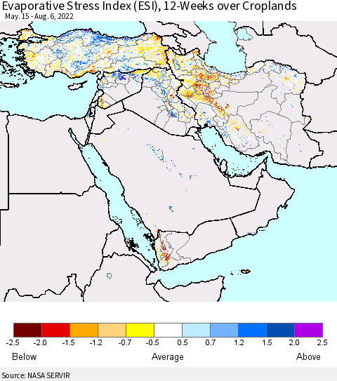 Middle East and Turkey Evaporative Stress Index (ESI), 12-Weeks over Croplands Thematic Map For 8/1/2022 - 8/7/2022
