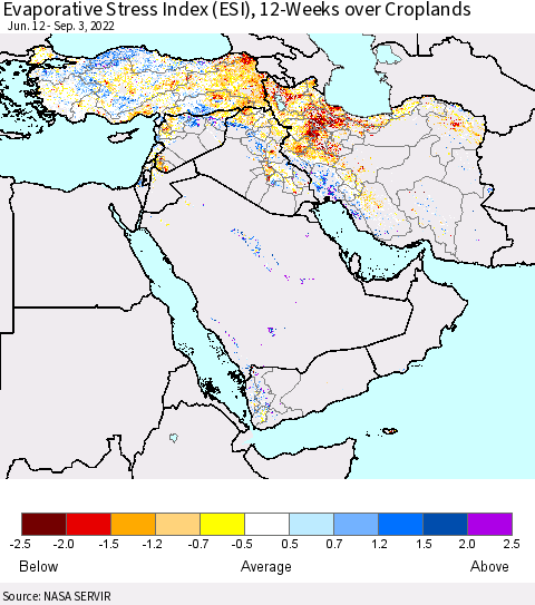 Middle East and Turkey Evaporative Stress Index (ESI), 12-Weeks over Croplands Thematic Map For 8/29/2022 - 9/4/2022