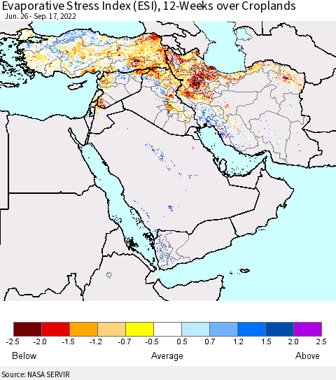 Middle East and Turkey Evaporative Stress Index (ESI), 12-Weeks over Croplands Thematic Map For 9/12/2022 - 9/18/2022