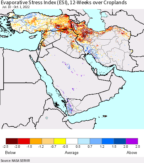 Middle East and Turkey Evaporative Stress Index (ESI), 12-Weeks over Croplands Thematic Map For 9/26/2022 - 10/2/2022