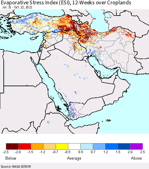 Middle East and Turkey Evaporative Stress Index (ESI), 12-Weeks over Croplands Thematic Map For 10/17/2022 - 10/23/2022