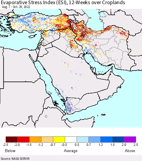 Middle East and Turkey Evaporative Stress Index (ESI), 12-Weeks over Croplands Thematic Map For 10/24/2022 - 10/30/2022