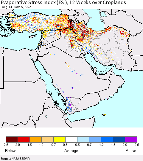 Middle East and Turkey Evaporative Stress Index (ESI), 12-Weeks over Croplands Thematic Map For 10/31/2022 - 11/6/2022