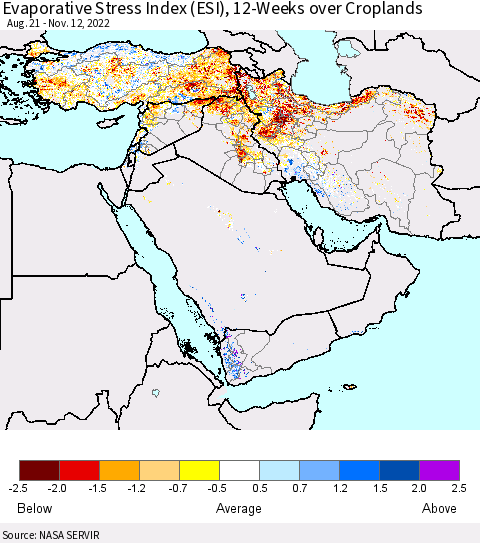 Middle East and Turkey Evaporative Stress Index (ESI), 12-Weeks over Croplands Thematic Map For 11/7/2022 - 11/13/2022
